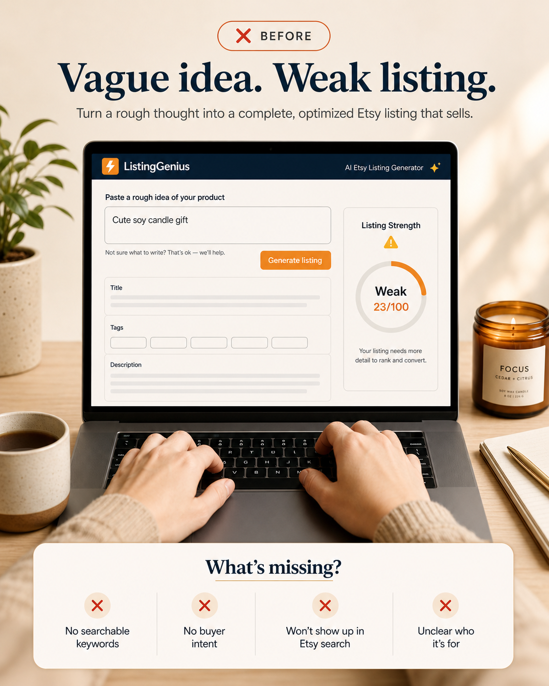 Before ListingGenius vague product listing idea visual